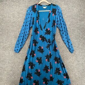 Boden Wrap Dress Womens 4 Blue Floral V-Neck Jersey Midi Boho Garden Office Prep
